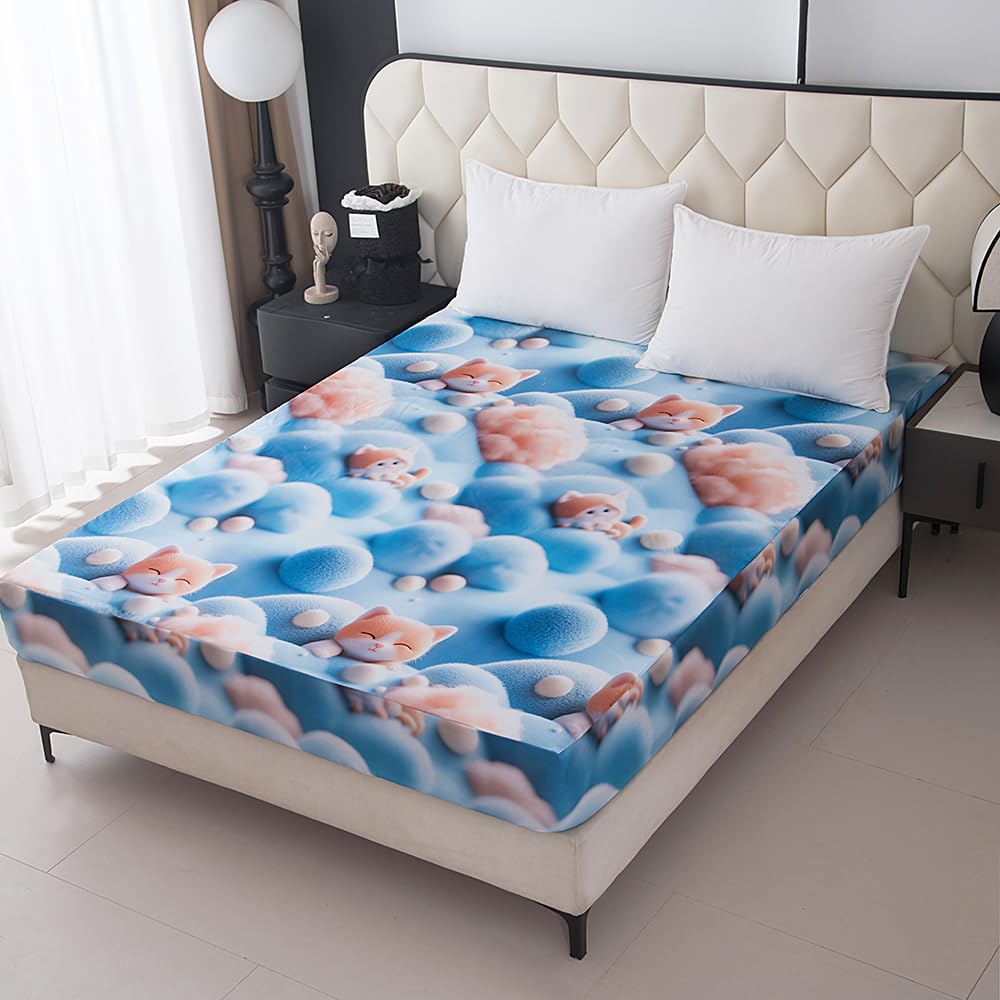 NATURETY Bedding Fitted Sheet with Deep Pocket,3D Simulated Cats Pattern Printed Fabric Bed Sheets (Blue Cats,Twin)
