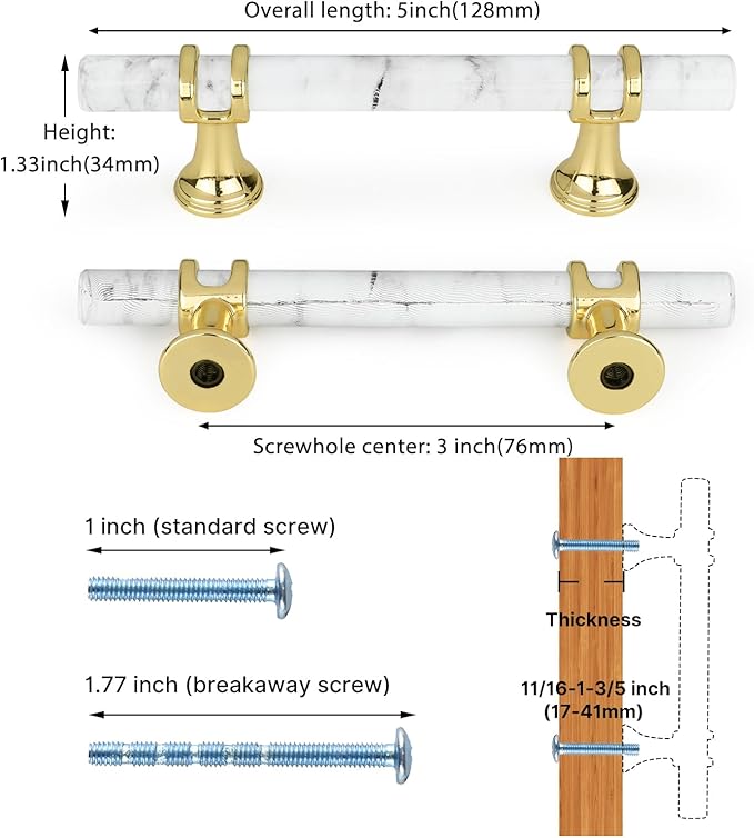 Rergy Cabinet Handles Marble Drawer Pulls and Knobs, T-Bar Hardware