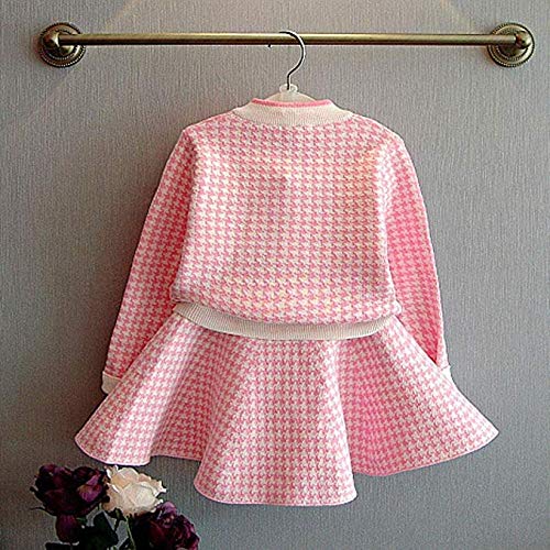 CM C&M WODRO Girls Dress, Autumn Winter Toddler Kids Plaid Knitted Sweater Dress Set Baby Girls Coat Tops+Skirt Set (Pink, Size 9 (3-4 Years))