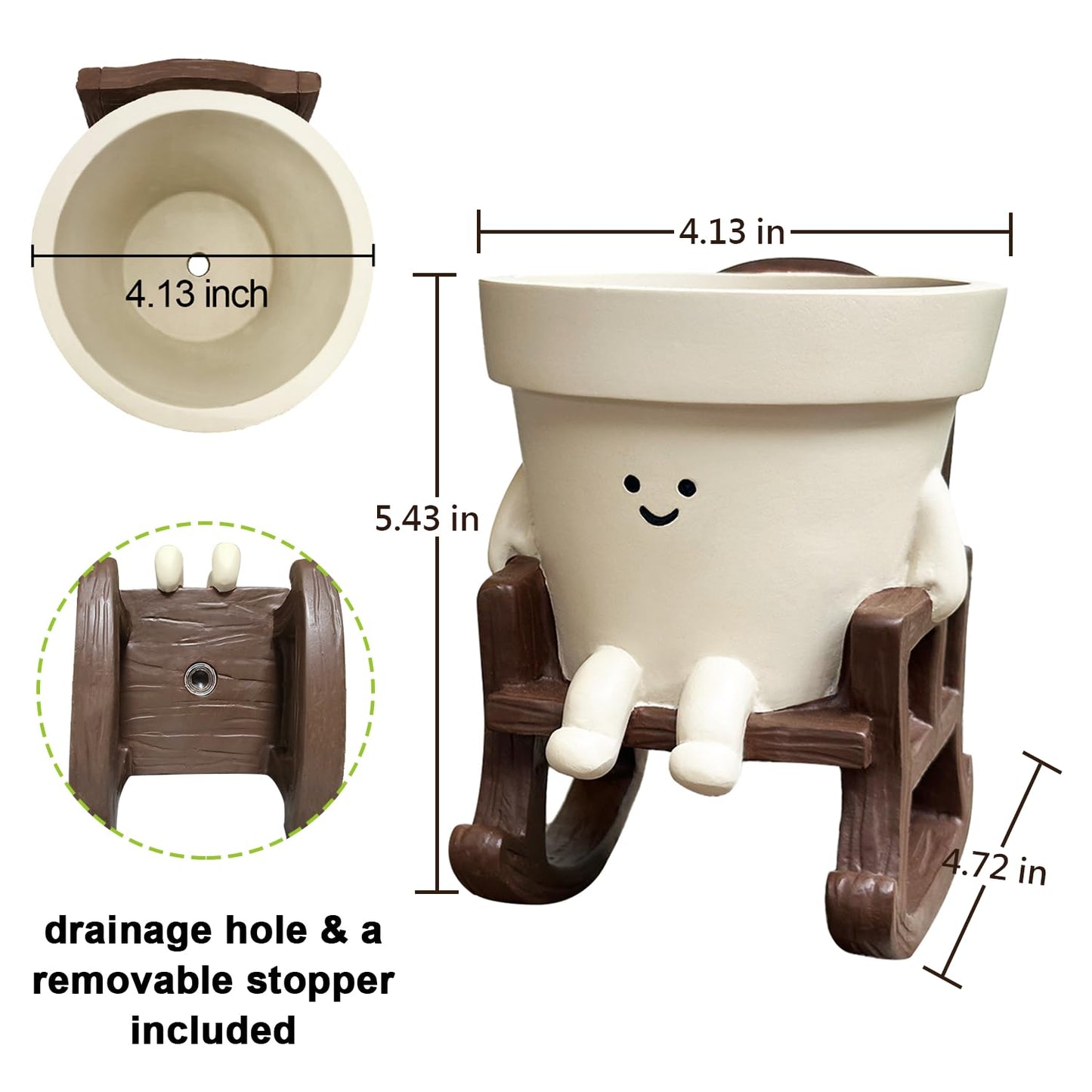 Cute Plant Pots Large Smily Face Planter Pot Resin Flower Head Planters for Indoor Outdoor Plants Unique Sit Rocking Chair Succulent Pot with Drainage Hole Best Gift for Mother and Plant Lovers