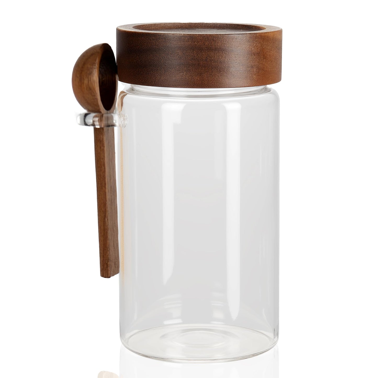 MOLADRI 18 oz/550 ml Glass Storage Canister with Airtight Wooden Lid, Clear Small Decorative Container Jar with Spoon for Salad Overnight Oats Snacks Yogurt Cereal Fruit Spice Sugar Coffee Candy Salt