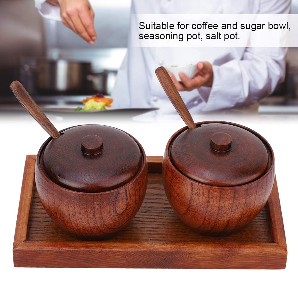 Cyrank Set of 4 Spice Jars, Wooden Condiment Jars Set with Lid and Spoon Wood Seasoning Box Sugar Salt Container Set Condiment Pots for Salt, Sugar and Pepper