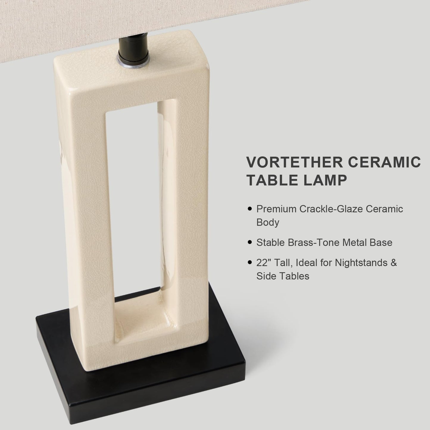 Vortether 22" Modern Ceramic Table Lamps Set of 2, Cream Crackle Glaze Hollow Bedside Lamps with Linen Shade, 5ft Cord Rotary Switch E26 Base Nightstand Lamps for Bedroom Living Room Entryway Decor