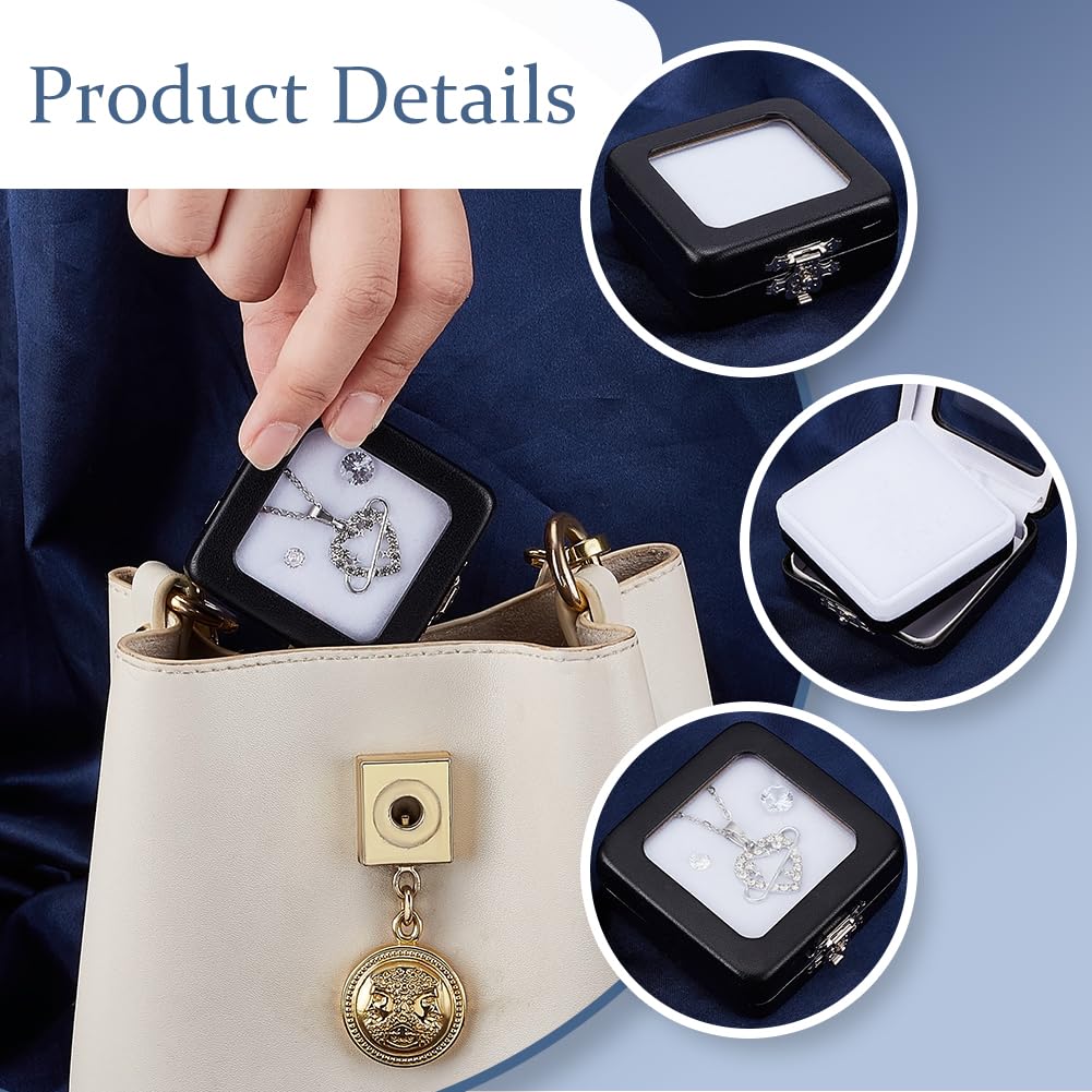 PH PandaHall 4pcs PU Leather Gemstone Display Box, Small Jewelry Containers Black Rectangle Storage Case Rock Collection Box with Visible Window and Sponge for Small Items Gems Diamond Displaying