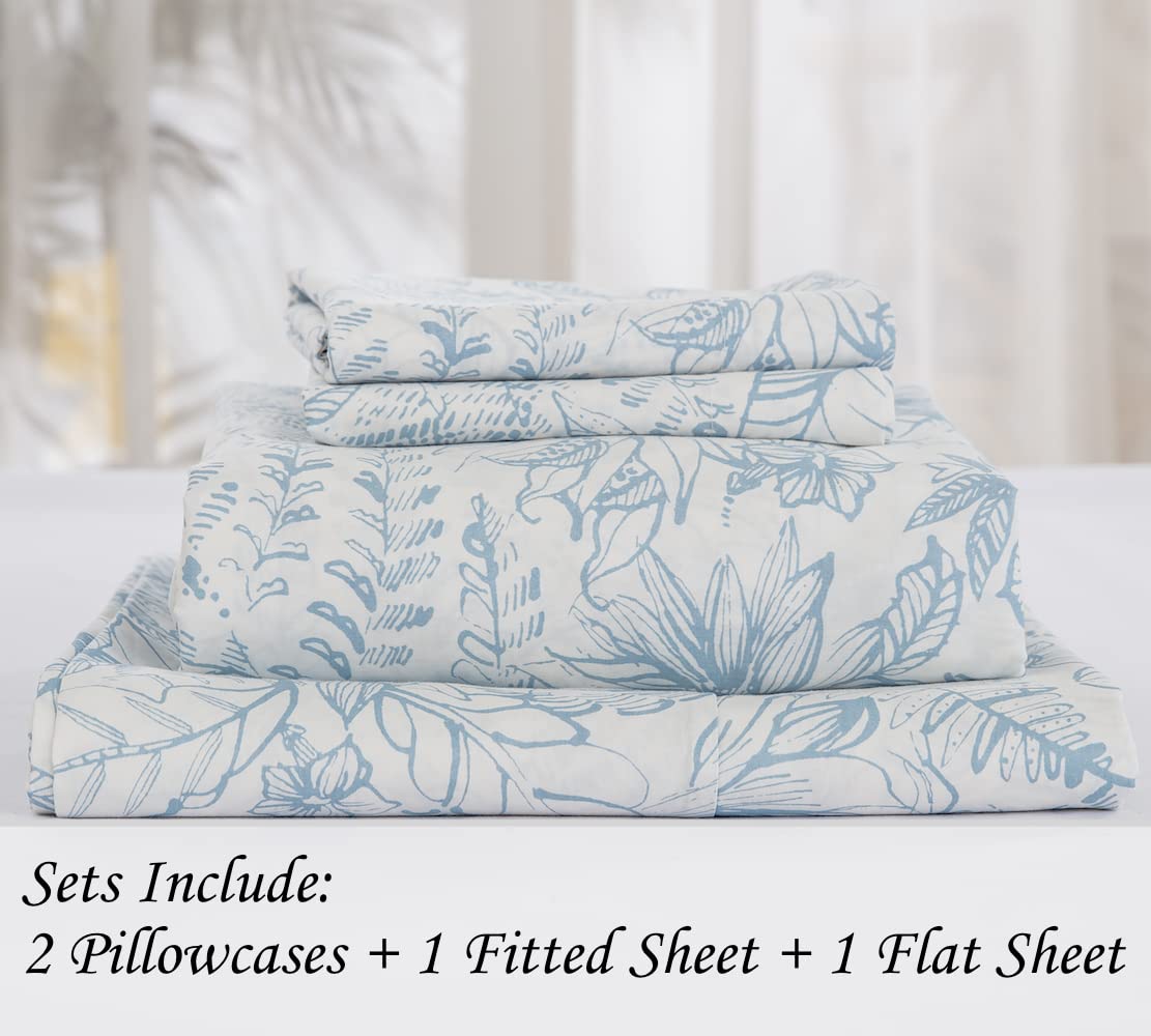 DAUAOTO Cotton Sheets Set Queen Size 4 Pieces Flower Bedding Sets, Aqua Blue Floral Pattern, Up to 14" Deep