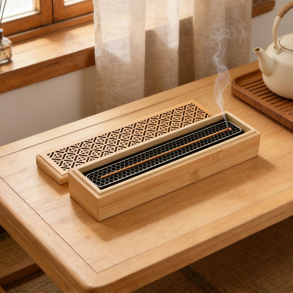 Incense Holder Burner, Coffin Double Layer Wooden Ash Catcher with Storage Drawer & Lid, Includes Zen Brush and Incense Stand for Meditation, Yoga Room, Home, Office