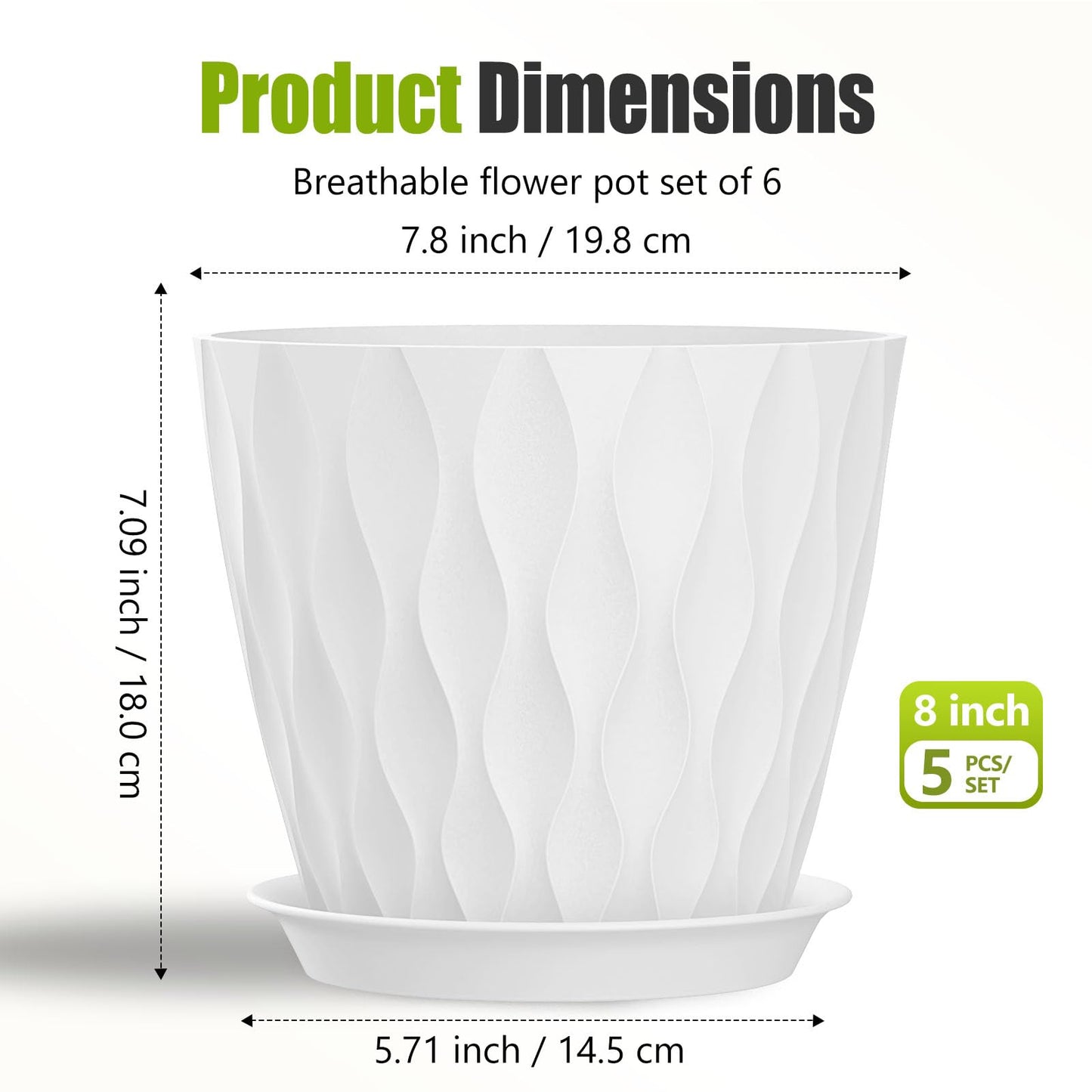 SQKH 8 Inch Plastic Plant Pots,Set of 5 Flower Pots,Planters with Drainage Holes & Saucers, Indoor Outdoor Garden Pots for Home Decor(White)
