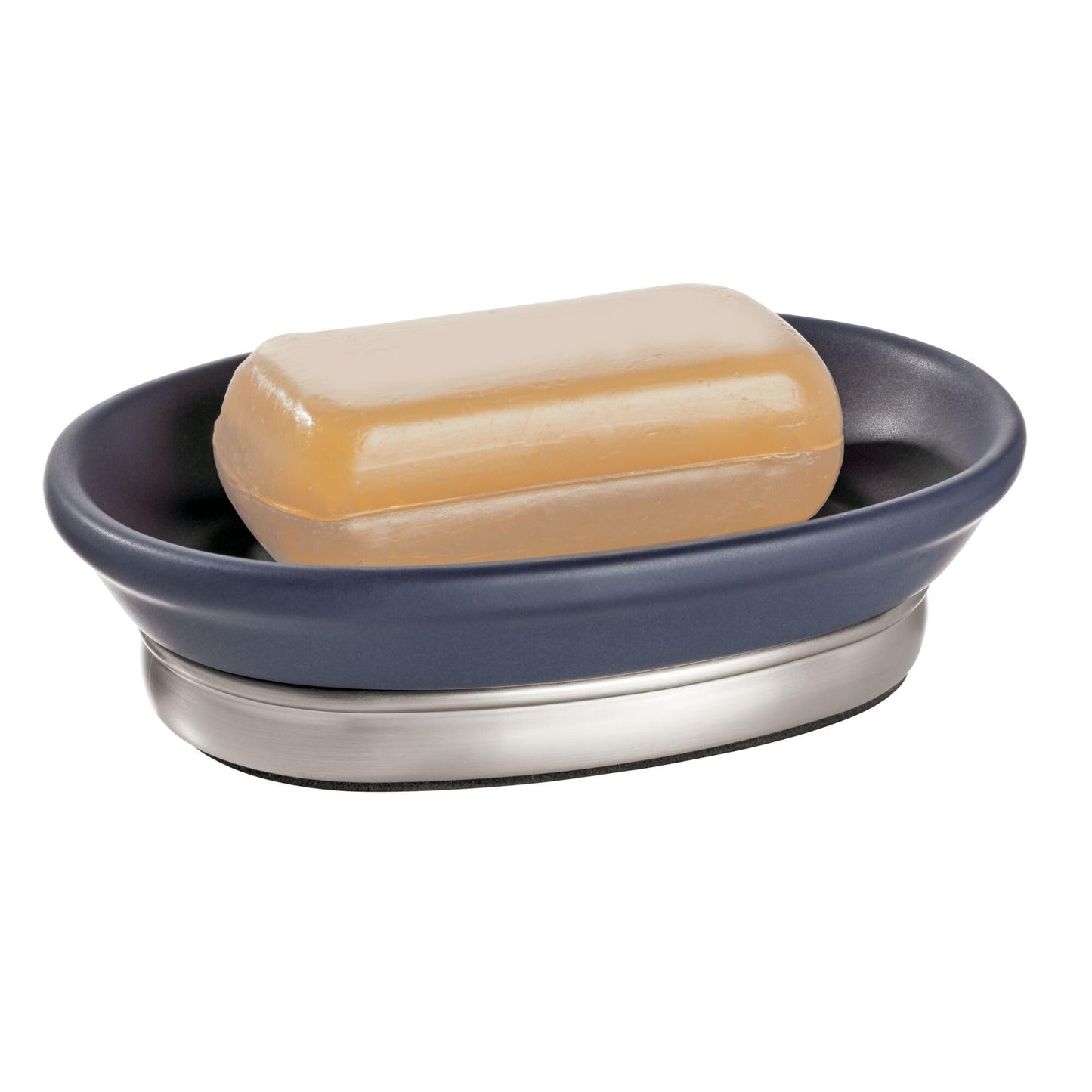 iDesign Ceramic and Steel Bar Holder, The York Collection Soap Dish, Matte Navy/Brushed Nickel