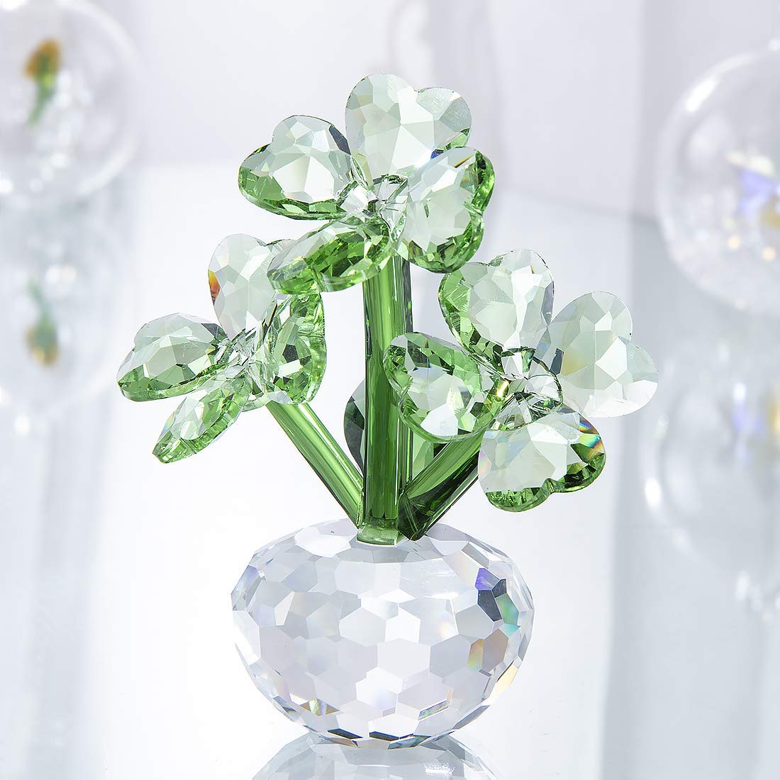 QFkris Crystal Flower Dreams Four-Leaf Clover Figurine Collectibles, 3.7" Glass Flower Statues for Home Decor Centerpiece, Gift for Mothers Day, Thanksgiving, St. Patrick's Day