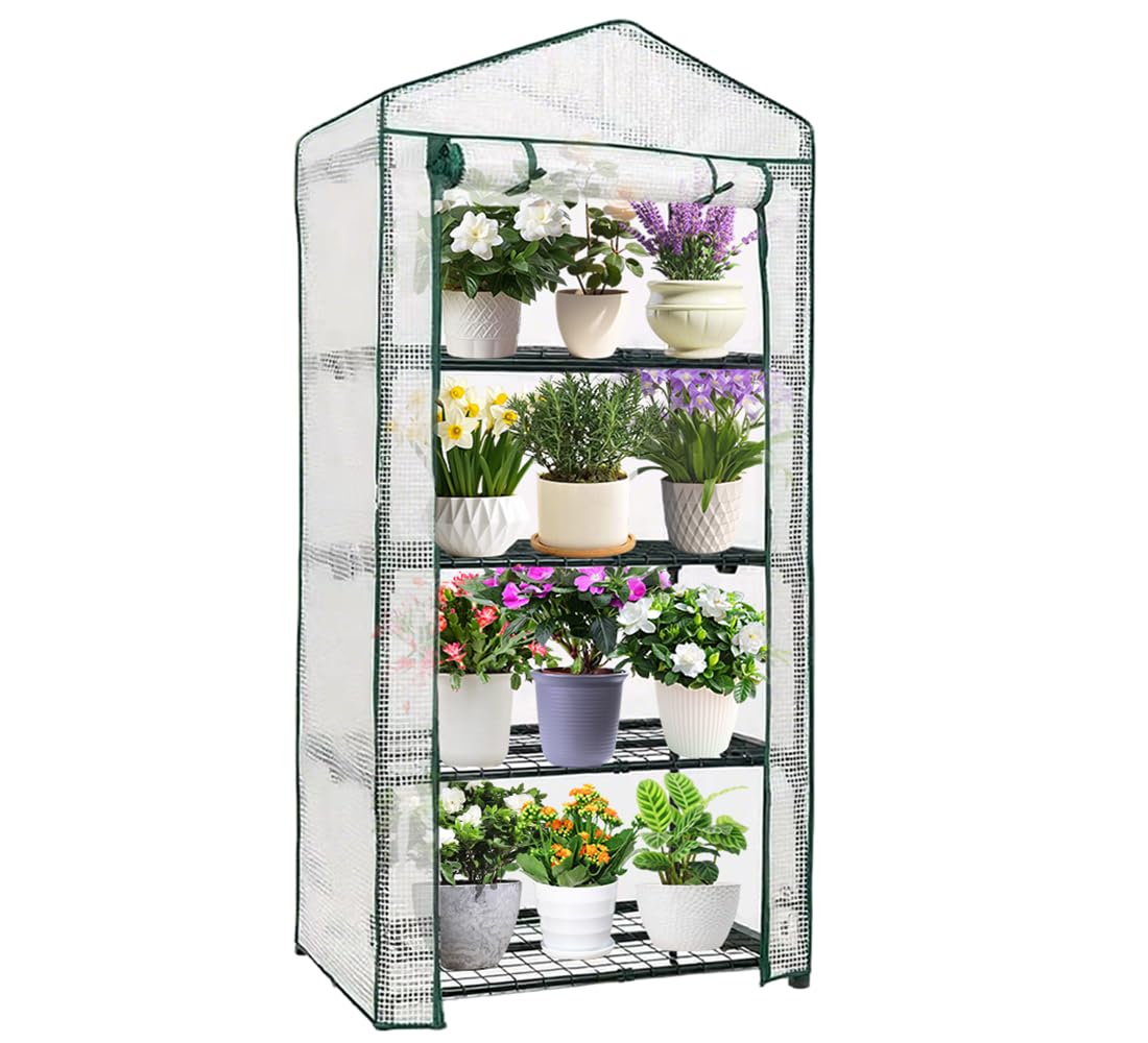 4-Tier Mini Greenhouse, Green House for Flower Indoor Outdoor, Portable Plant Outdoor Cage with Heavy Duty PVC Clear Cover & Steel Frame,Greenhouse for Seed Starting, Mushroom,Vegetables