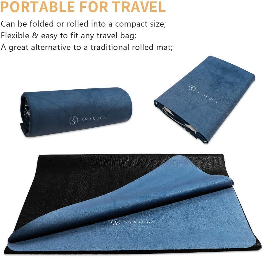 SNAKUGA Travel Yoga Mat, Non Slip Exercise Suede Mat with Carry Bag, All-Purpose Fitness Mat with High Density Anti-Tear Surface for Women, Ideal for Pilates Workout (72'' x 26'' x 1.5mm Thick)