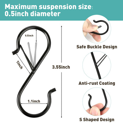 12 Pcs S Hooks for Hanging Heavy Duty, 3.5-inch Heavy Duty Metal S Hook with Safety Buckle, Suitable for 0.5 inch Rods, S Hook for Hanging Plants, Closet, Kitchen Utensil, Pot, Pan, Bags