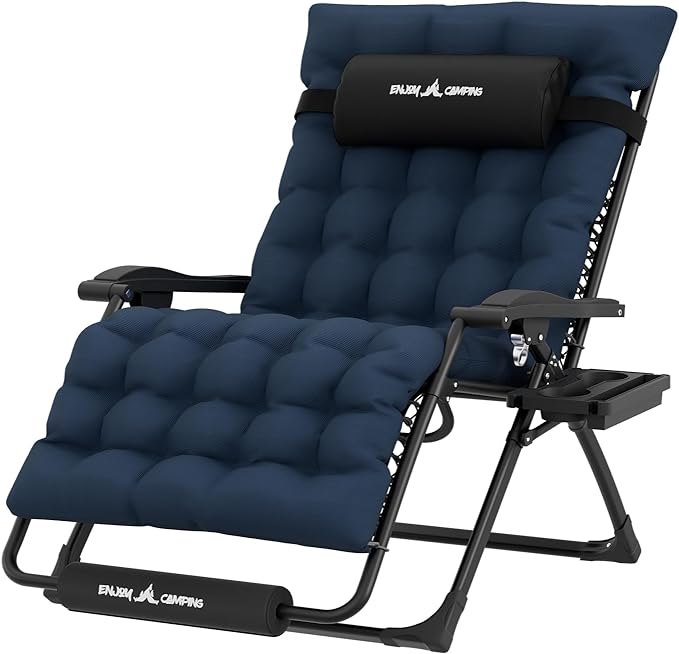 UDPATIO Oversized Zero Gravity Chair, 33In XXL Patio Reclining Chair with Cushion, Outdoor Folding Recliner with Pillows|Cup Holder|Foot Rest|Padded Headrest, Navy Blue, Support 500LB