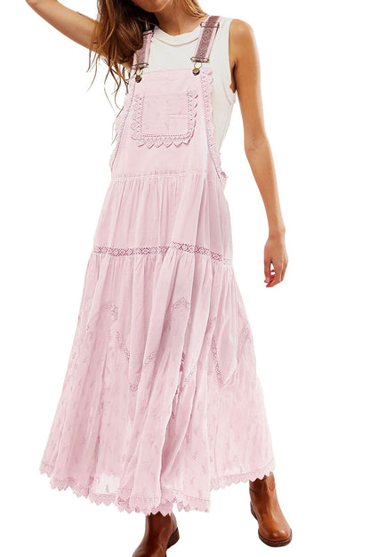 Women's Casual Lace Embroidered Maxi Dress Adjustable Strap Pleated Tiered Swing Long Dress with Pockets