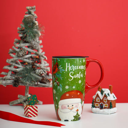 Topadorn 17oz Christmas Ceramic Travel Coffee Mug with Sealed Lid Tea Cup with Color Box, Microwave & Dishwasher Safe, Unique Coffee Mug for Latte & Hot Chocolate, Christmas Home Gifts, Santa