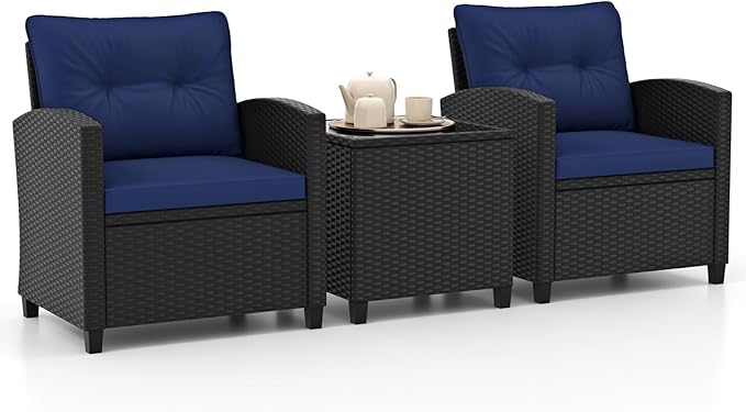 HAPPYGRILL 3 Pieces Wicker Patio Conversation Set, PE Rattan Bistro Sofa Set