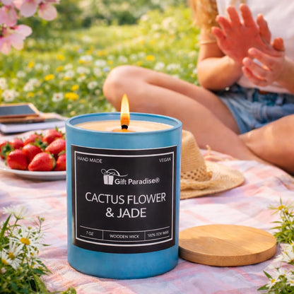 Gift Paradise® Cactus Flower & Jade Candle, 7 oz Soy Wax Candle, Wooden Wick, Fresh Floral Green Scent, Aromatherapy Candle for Relaxation, Luxury Gift for Women & Men, Spring Summer Home Fragrance