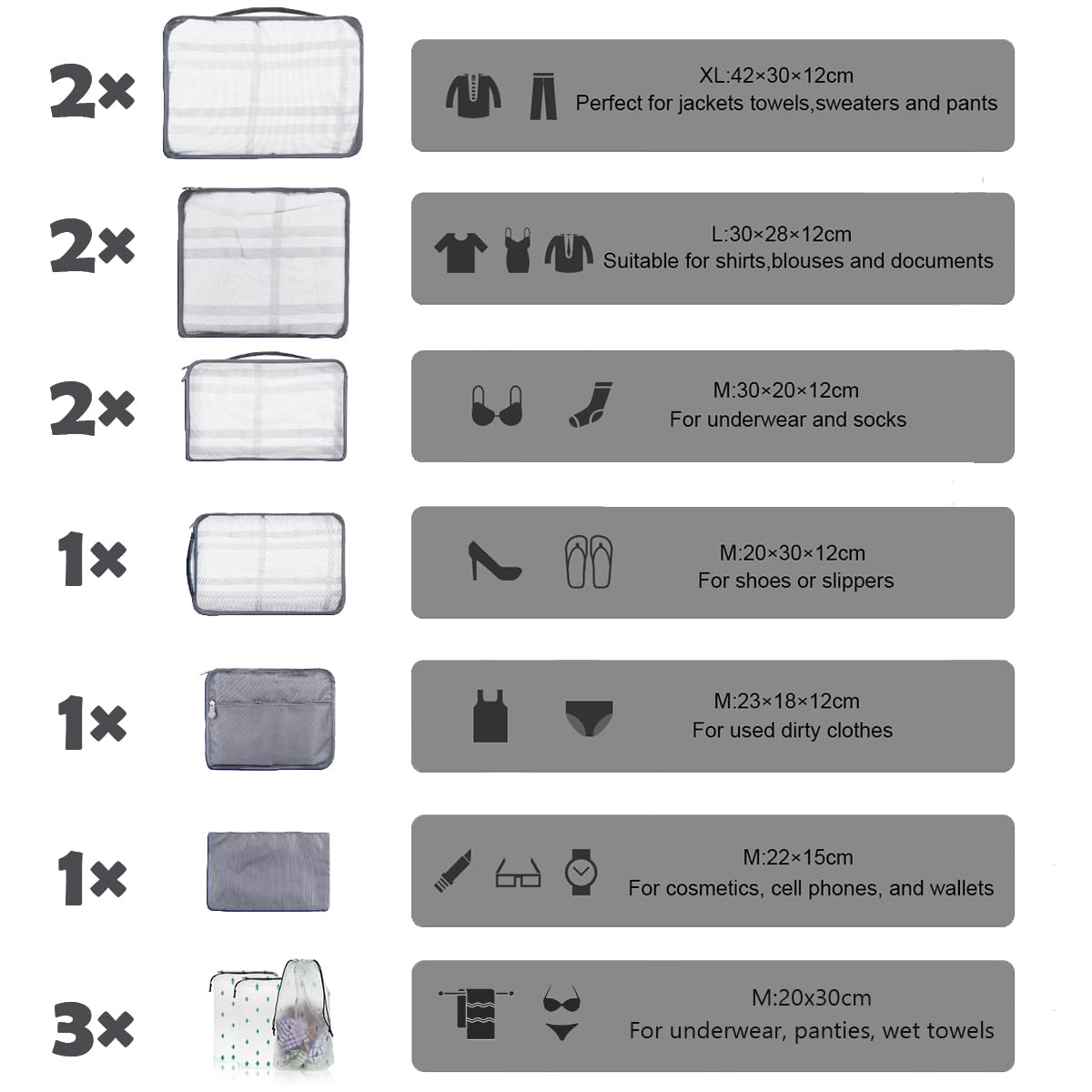 12 PCS Large Packing Cubes for Suitcases Various Sizes Suitcase Organiser Bags Lightweight Waterproof Luggage Organiser Bags (12Pcs Gray)