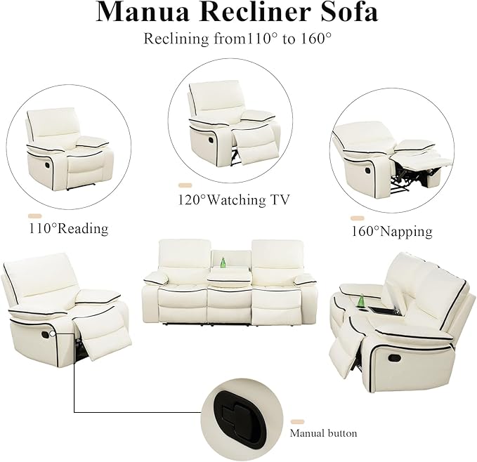 3-Piece Recliner Sofa Set, Adjustable Leather Recliner