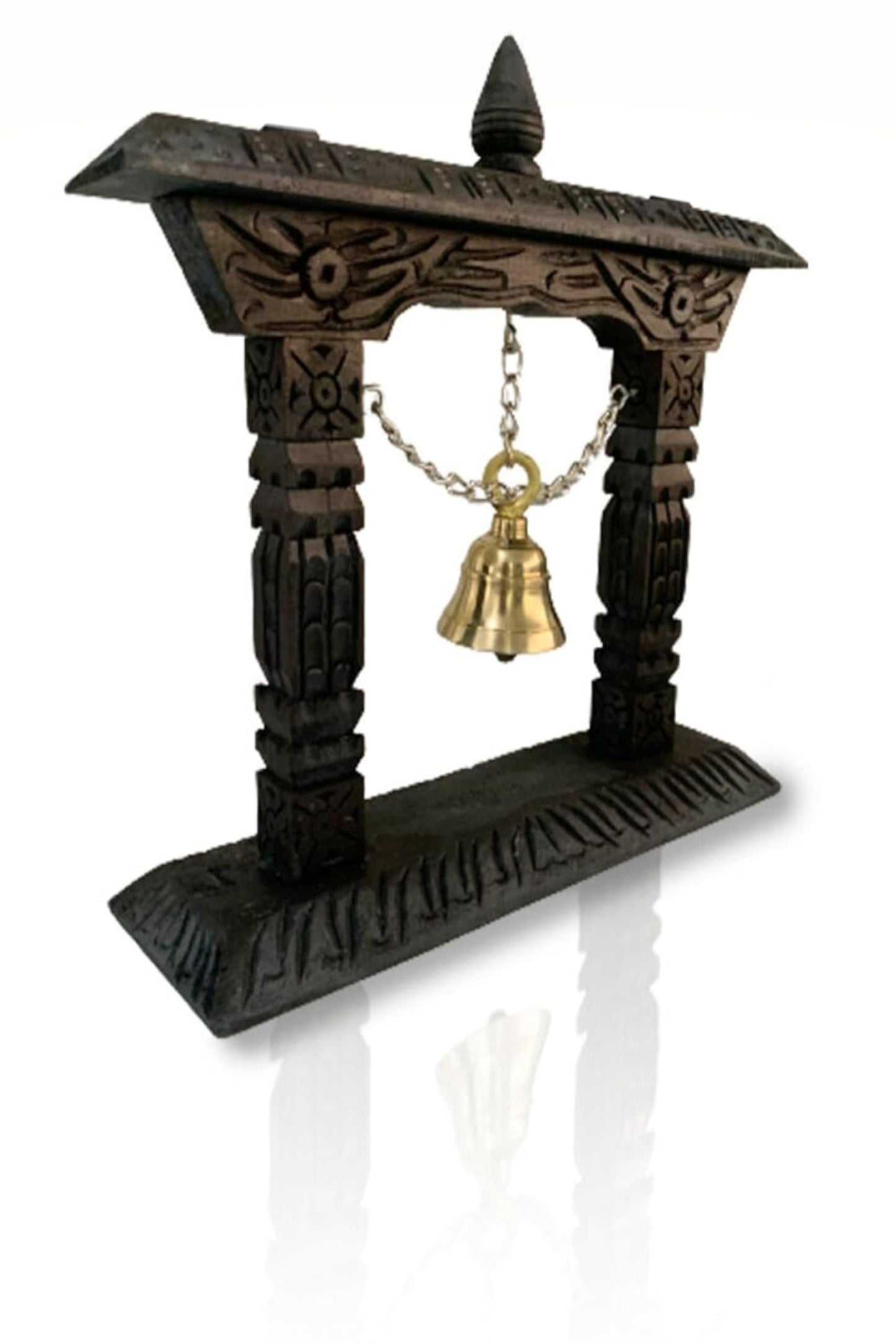 Himalayan Craft Traditional Table Brass Bell On Wooden Frame Pooja Hand Bell Ghanti for Temple Home Store for Puja Gift Decoration & Collections - Handmade in Nepal