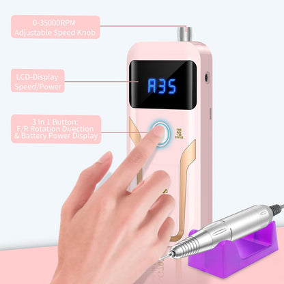 Portable Nail Drill Professional 35000 RPM, MOCOWIND Rechargeable Electric Nail File Machine E File for Acrylic Gel Polishing Removing, Cordless E-File with Bits Kit for Manicure Salon Home, Pink