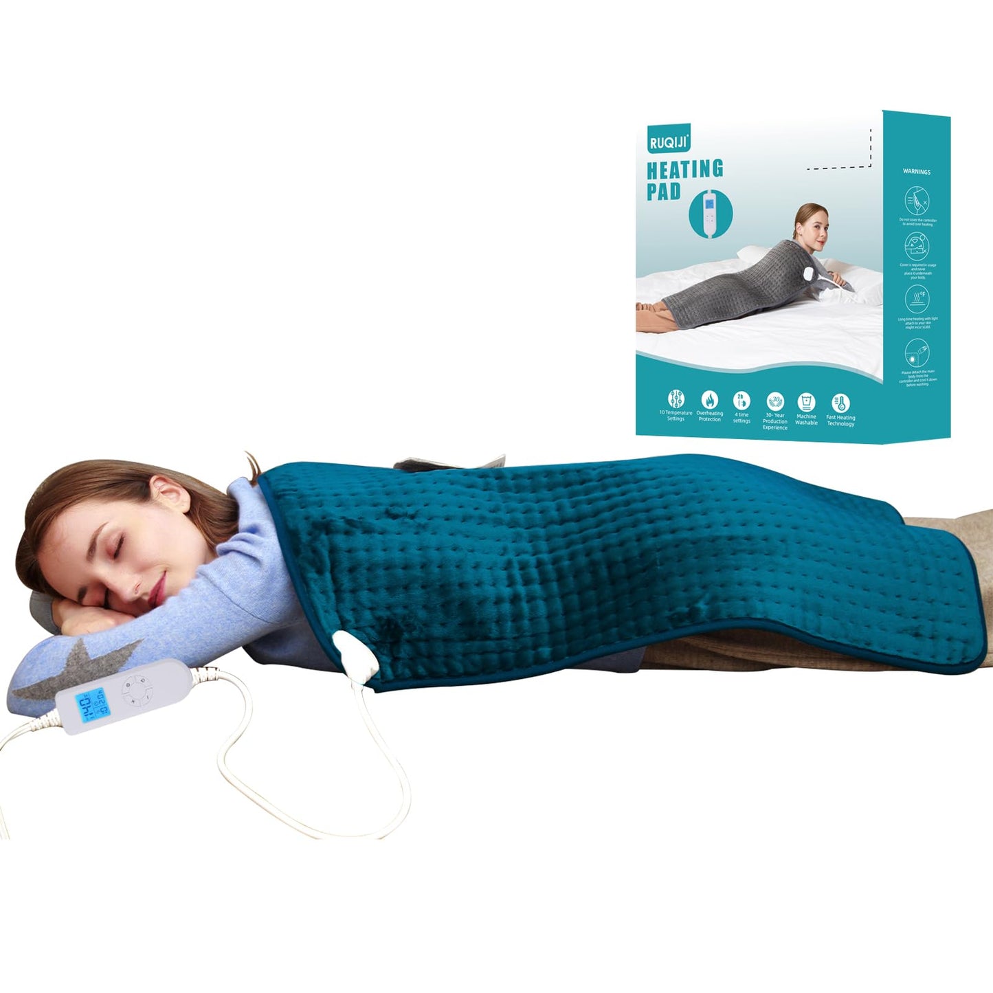 Ruqiji 17''x33'' XXXL King Size Heating Pad with 120 Minutes Auto Shut Off&6 Temperature Settings, Flannel Electric Heating Pad/Pain Relief for Back/Neck/Shoulders/Menstrual Pain/Leg Cramp (Dark Blue)