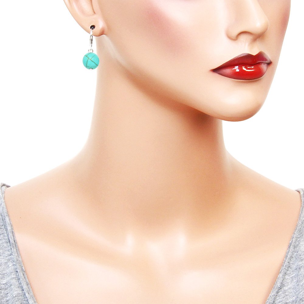 Falari 10mm Round Natural Stone Earring High Polished Rhodium Leverback Turquoise