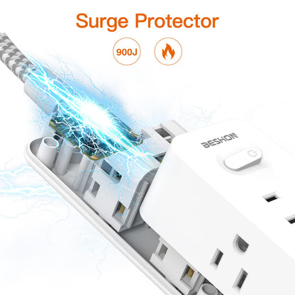 Power Strip Surge Protector, BESHON 5Ft Extension Cord, 6 Outlets with 4 USB Ports (2 USB C Outlet), 3-Side Outlet Extender, Wall Mount, Compact for Travel, Home, School, College Dorm Room and Office