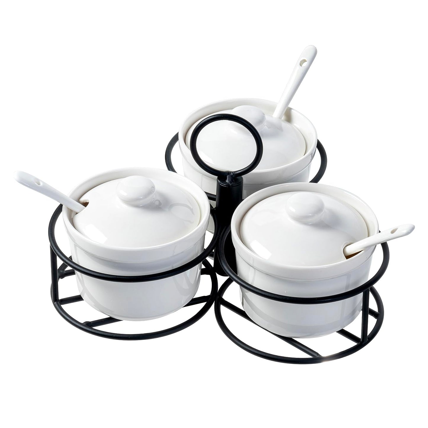 MyGift 10 Pc Set Ceramic Ramekin Condiment Dip Bowl with Lids and Spoons and Deluxe Modern Black Metal Wire Serving Rack for Sauces and Condiments