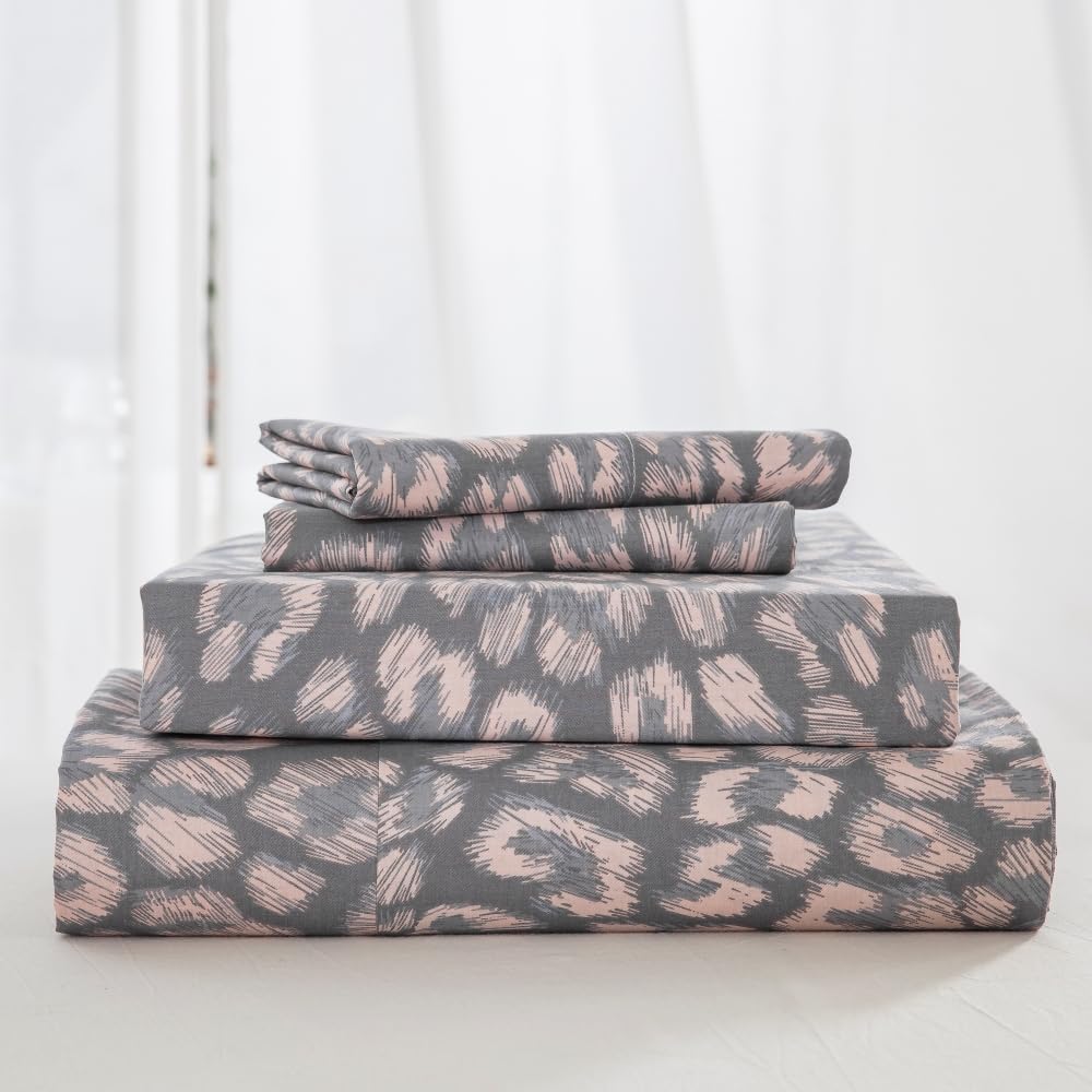 DAUAOTO Queen Size Printed Sheets Set, 100% Cotton Bedding Sets, Up to 14" Deep Mattress, Modern Pattern Bedlinen Set, Leopard Gray