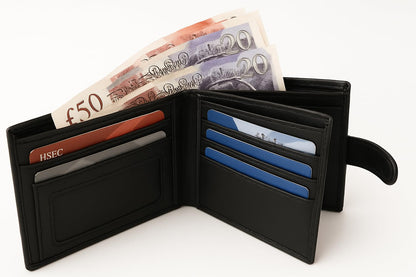 ODS:UK Mens RFID Blocking Safe Soft Leather Tri Fold Wallet Card Slots Id Window and Coin Pocket (Carbon Black)