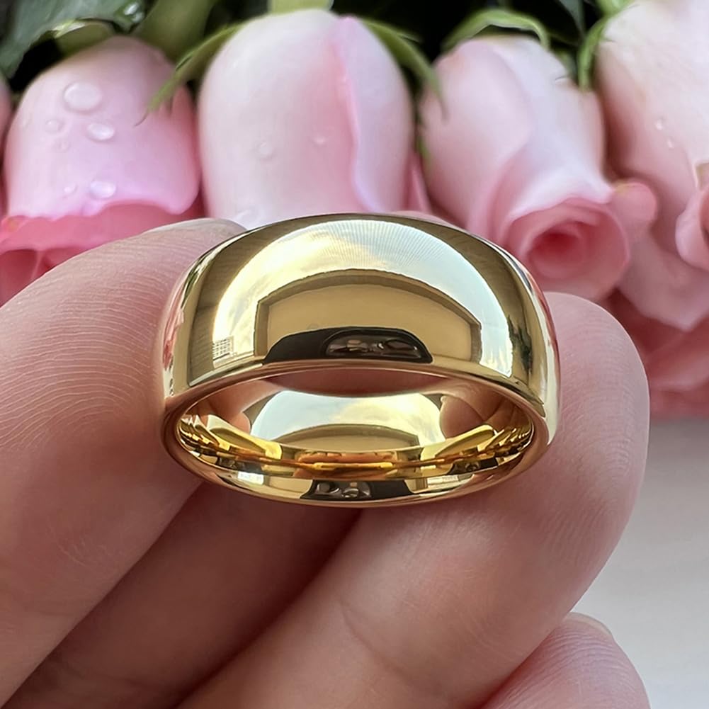 TUTISS 8mm Gold Tungsten Rings for Men Women Engagement Wedding Bands Domed Polished Comfort Fit Size 15