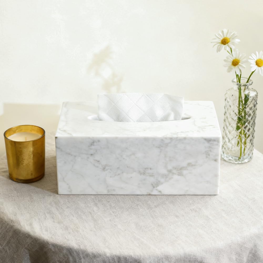 Elegant Marble Tissue Box Cover for Living Room, White Tissue Box Holder Rectangular, Decorative Stone Tissue Box Cover for Bathroom Vanity Office Countertop