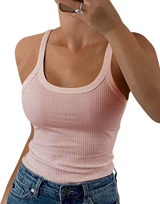GEMBERA Women Spaghetti Strap Scoop Neck Ribbed Tank Tops Slim Fitted Cotton Camisole Basic Sleeveless Layering Shirts(3227 Cameo Pink S)