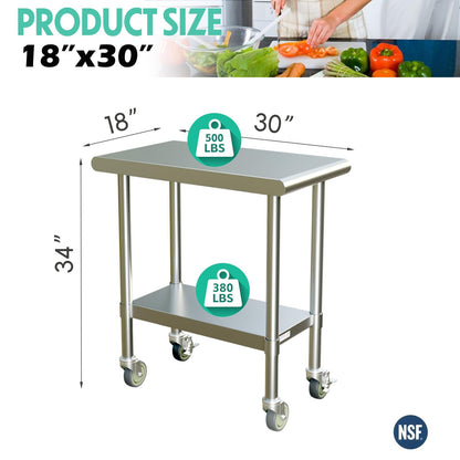 STABLEINK NSF Stainless Steel Small Table 18x30 Inches with Wheels, Metal Prep & Work Table with Adjustable Undershelf, for Commercial Kitchen, Restaurant, Hotel and Garage