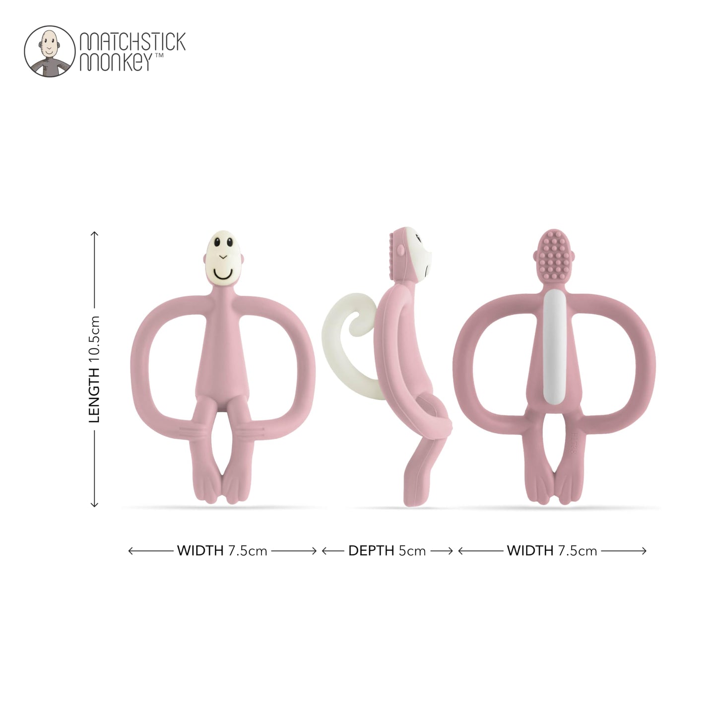 Matchstick Monkey, Original Teether & Gel Applicator, Antimicrobial Silicone Teething Toys for Baby, Easy to Grip, BPA Free, 3 Months Old+, 10.5 cm, Dusty Pink Monkey
