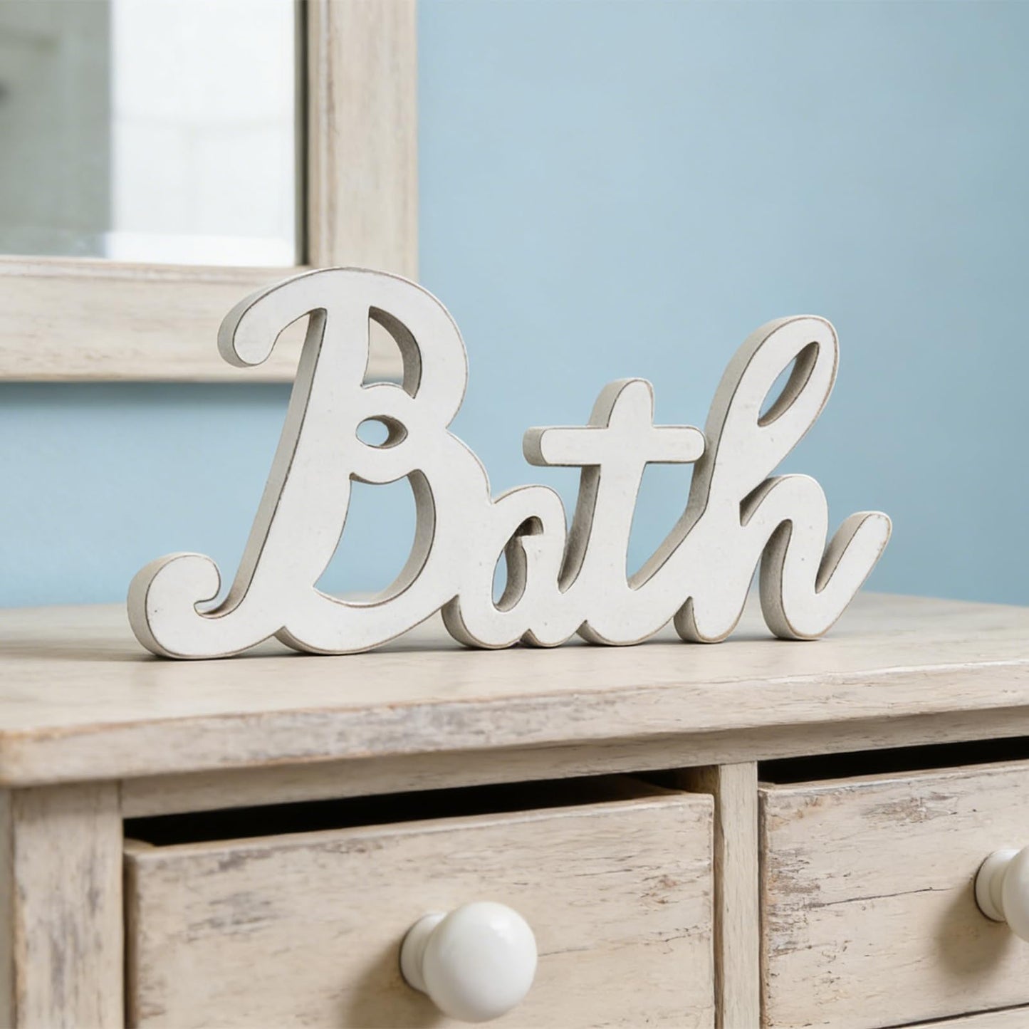 Sintosin Rustic Bath Signs for Bathroom 14 inches, Hanging Distressed White Bathroom Sign Decor for Shelf, Wooden Wall Signs for Home Decor, Decorative House Sign