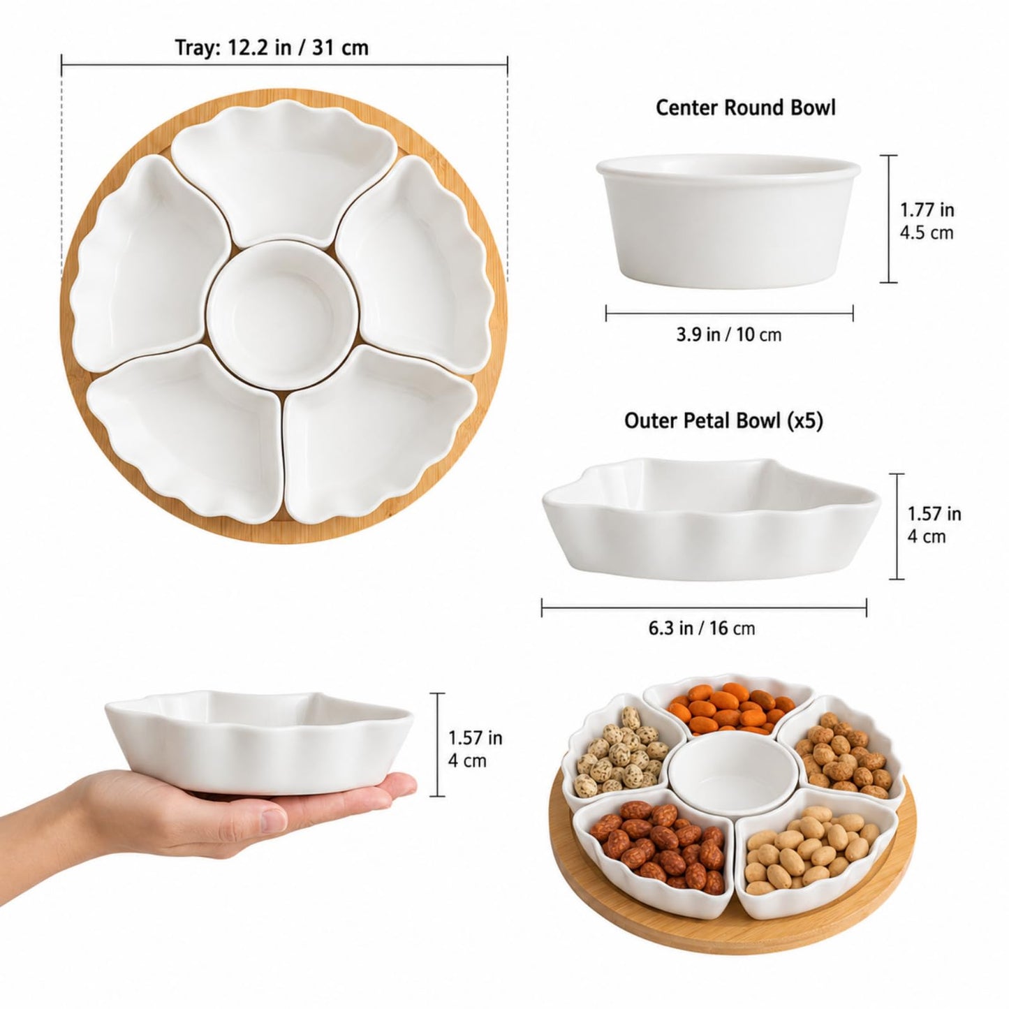 SumitlEyao Porcelain Divided Serving Dishes, Relish Tray, 12'' Serving Tray and Platter with 6 Removable Compartment, for Party, Kitchen Decor, for Chips and Dip, Fruits, and Condiment