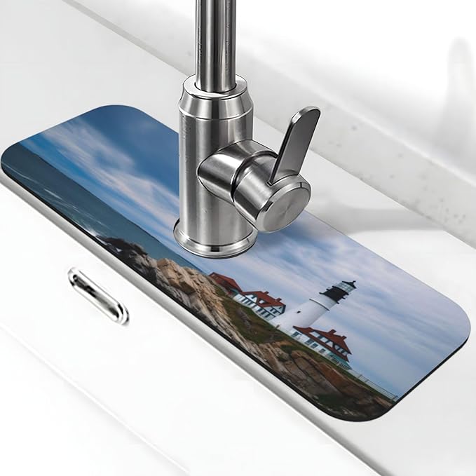Kitchen Sink Splash Guard Faucet Mat Lighthouse Beach Sky 15"x5.5", Diatom Mat