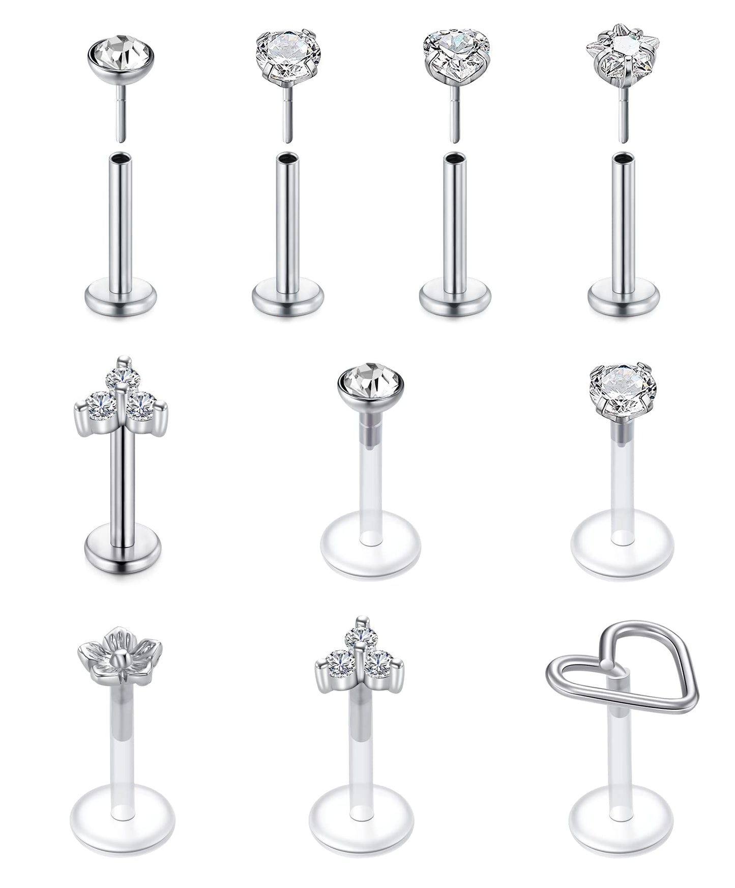 VFUN 16G Tragus Earrings Mixed Styles Bioflex Stainless Steel Lip Rings Labret Piercing Clear Helix Piercing Threadless Lip Stud Rings 10PCS 8MM