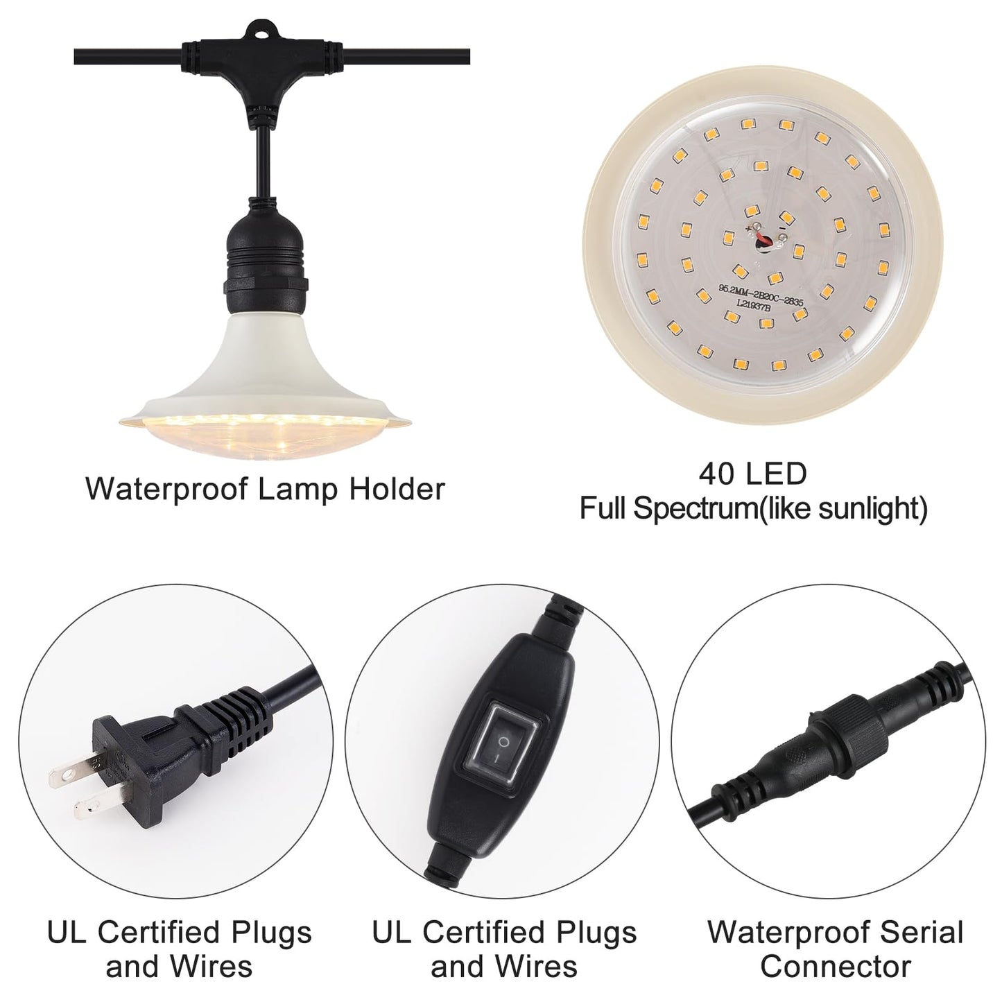 PuxiGrow Outdoor LED Grow Lights, Waterproof String Grow Light, Full Spectrum Plant Growing Lights with 22Ft Cord, 6 Lights for Outdoor, Greenhouse Planting, Rainproof and Windproof