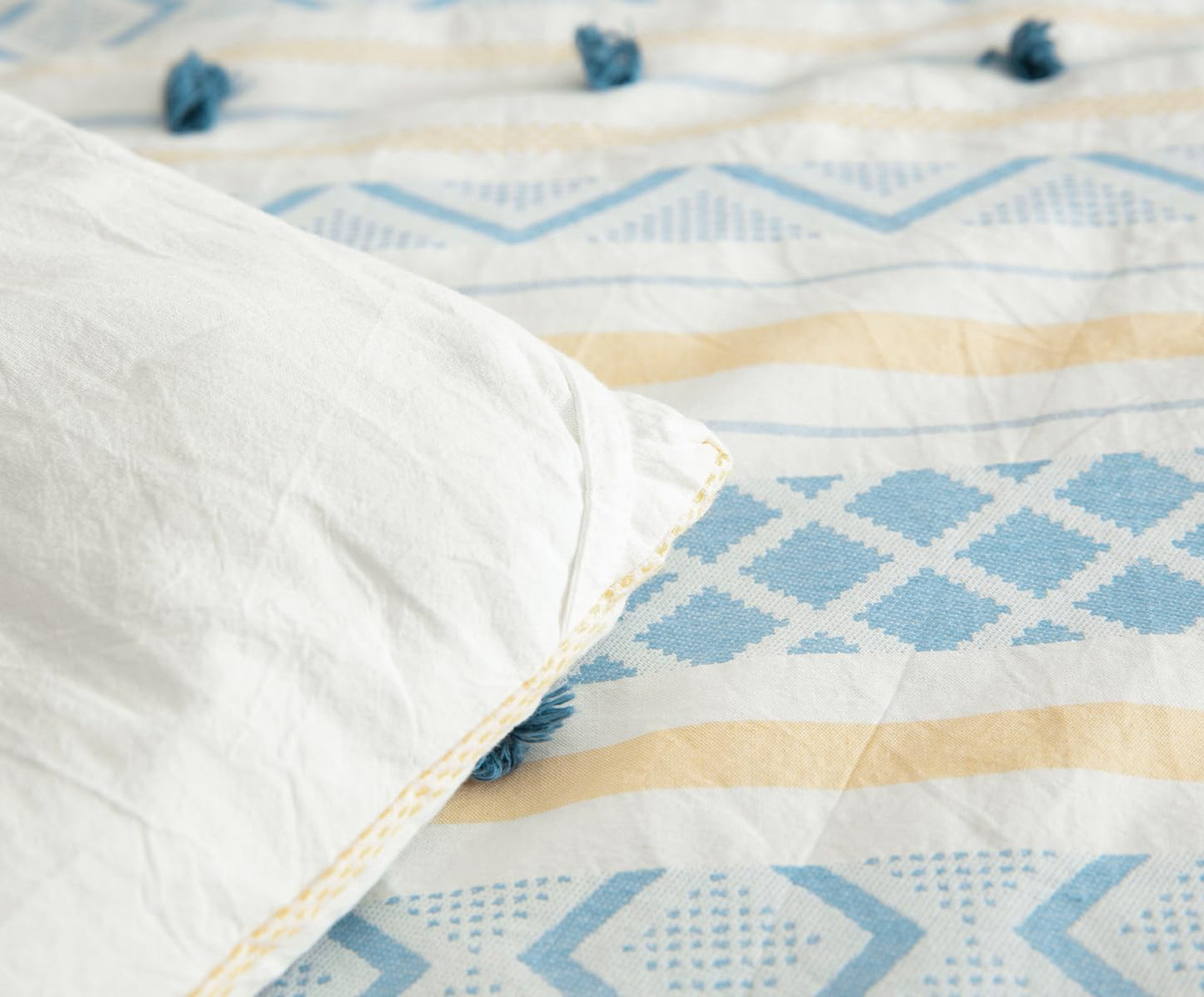 SLEEPBELLA Washed Double Layer Muslin 100% Cotton Comforter Set Queen Size, Yellow Blue Boho Fluffy Thick Checked Bedding Set, Soft Breathable (1 Comforter, 2 Pillow Shams)