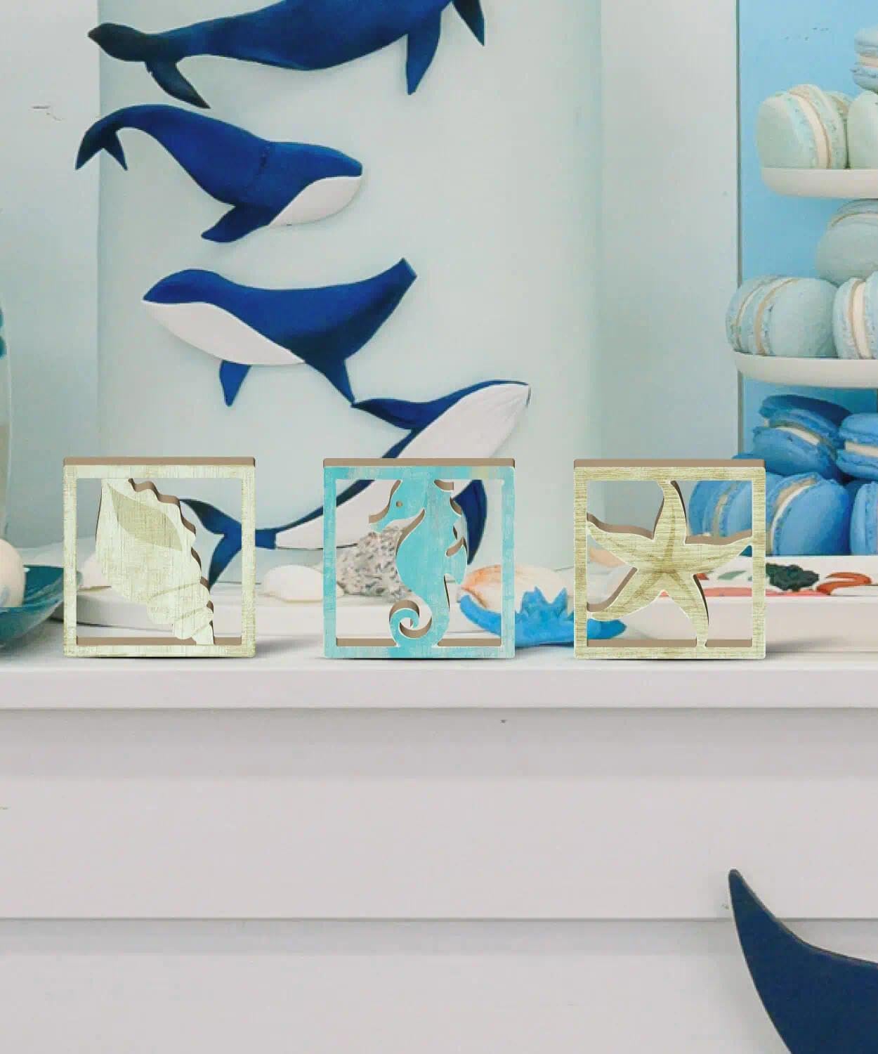 Putuo Decor Coastal Decor, Ocean Themed Tabletop Decor Set of 3, Seashore Seahorse Starfish and Shell MDF Desk Accents for Living Room, Bedroom, Office, Beach House