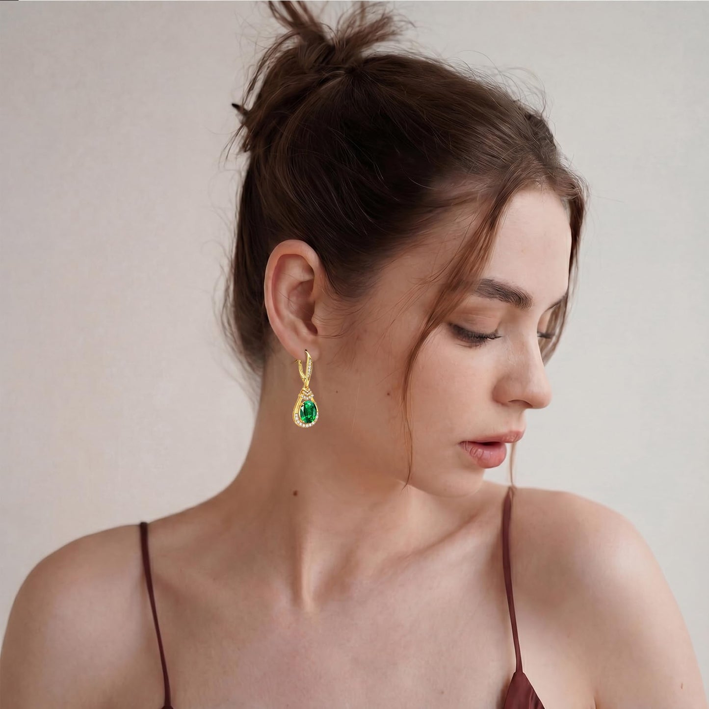 Green Emerald Dangle Earrings 18K G Plated Sterling Silver May Birthstone Teardrop Leverback Drop Earring for Women Lady | Wedding Jewelry Gifts for the Bride | Hypoallergenic Oval Cut CZ Earrings