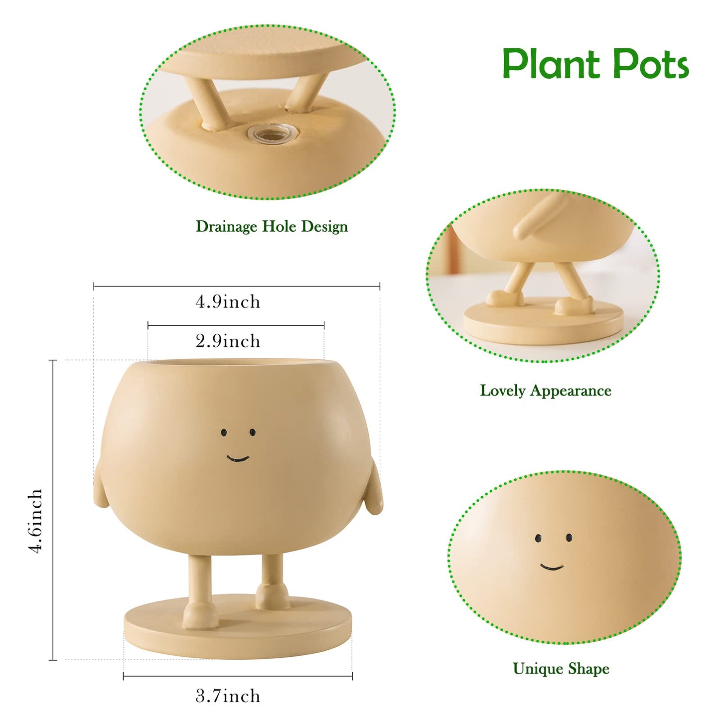 COTYNI Face Plant Pots, Succulent Pots, 4.9 Inch Head Planters for Indoor, Cute Resin Flower Pot with Drainage Hole, Unique Cactus Planter, Small Planter Pots for Mini Plant (1 Pack)