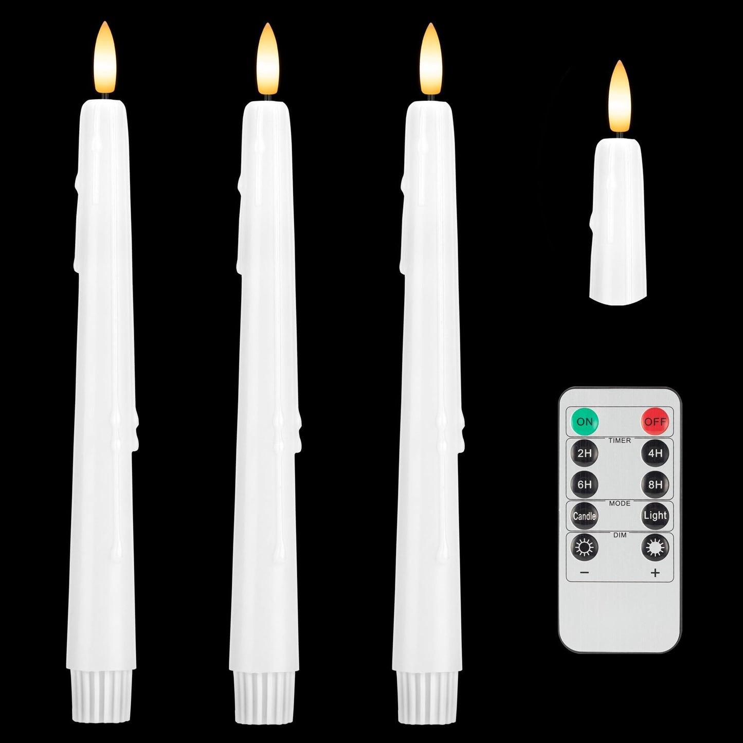 SEHNSY Dripless Flameless Taper Candles with Remote, Real Wax Battery Operated LED Candles Set with 3D Flickering Flame, 3Pcs White 9.6" Realistic Candlesticks as Mothers Day Gifts, Gifts for Mom