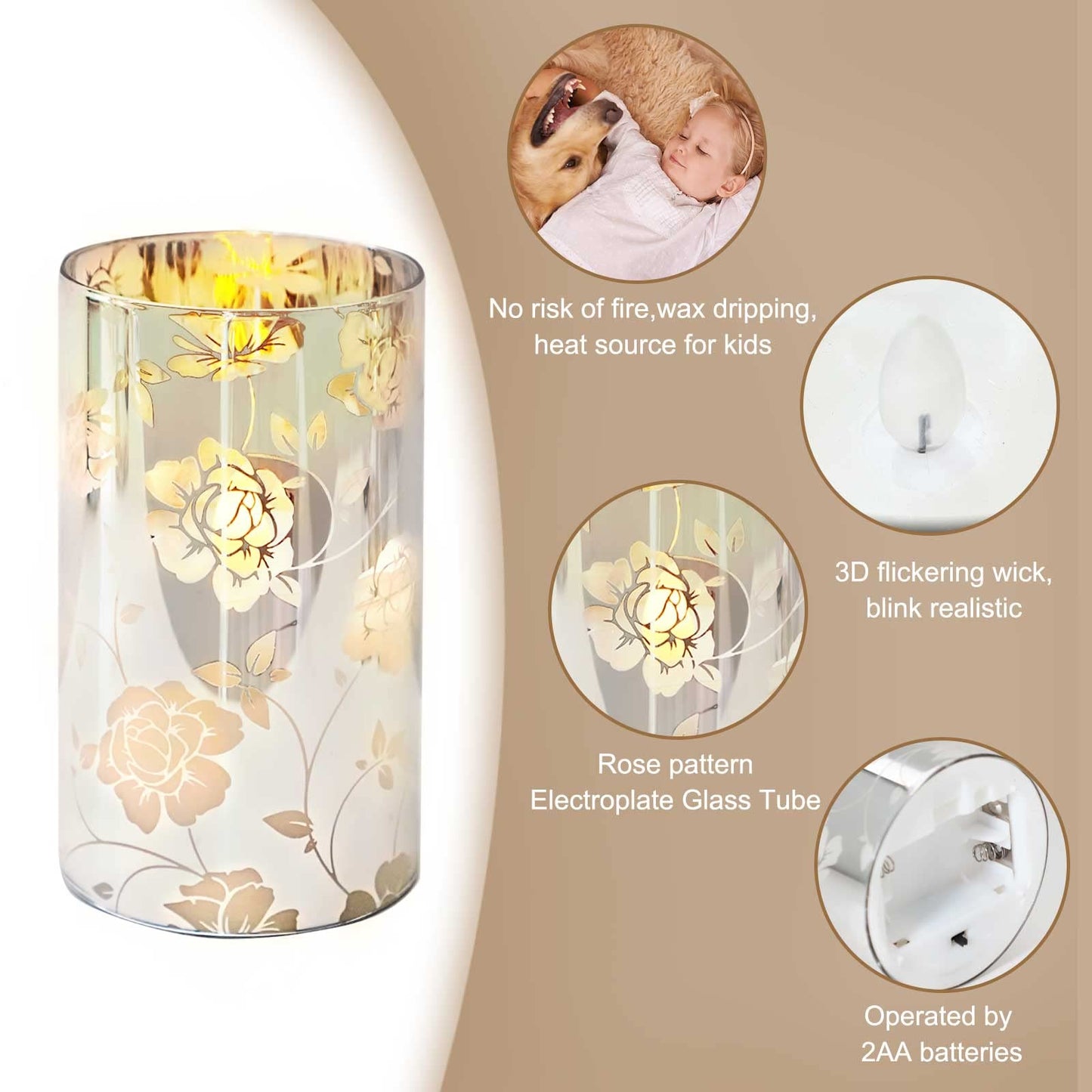Floral Glass Flameless Candles Rose Romantic Battery Operated Candles with Remote Flickering LED Silver Real Wax Pillar Candle for Valentine's Day Wedding Party Home Christmas Decor, Set of 3