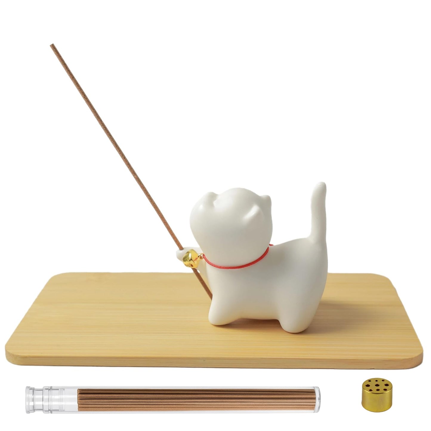 Upgraded Package Incense Holder Handmade Ceramic Cat, Incense-Stick Holder with Sticks, Bamboo Mat and Brass Incense Stand, Cute Cat Insence Burner Holder for Meditation Yoga Massage Home Decor Gift