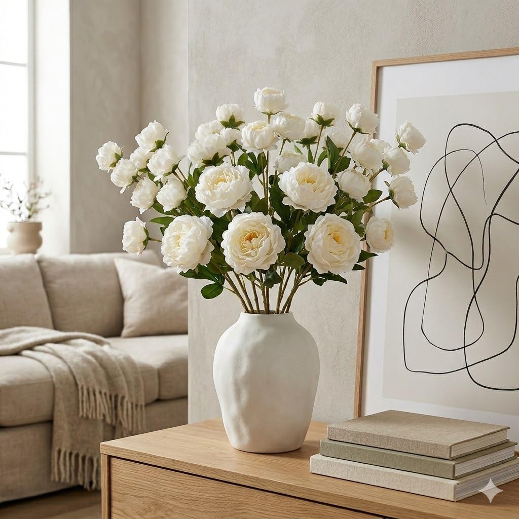8 Stem Artificial Peony Flowers Cream White – Real Touch Faux Peonies That Look Real, 56 Blooms Luxury Silk Flowers for Elegant Home Decor, Living Room, Table Centerpiece, Minimal Room Decor