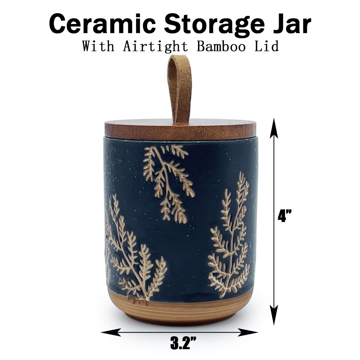 EWEIGEER 10oz Ceramic Airtight Food Storage Container with Wooden Spoon for Sugar,Matcha,Salt,Coffee,Spices,Cat Treat,Loose Leaf Tea(Black Botanical Fern Pattern)